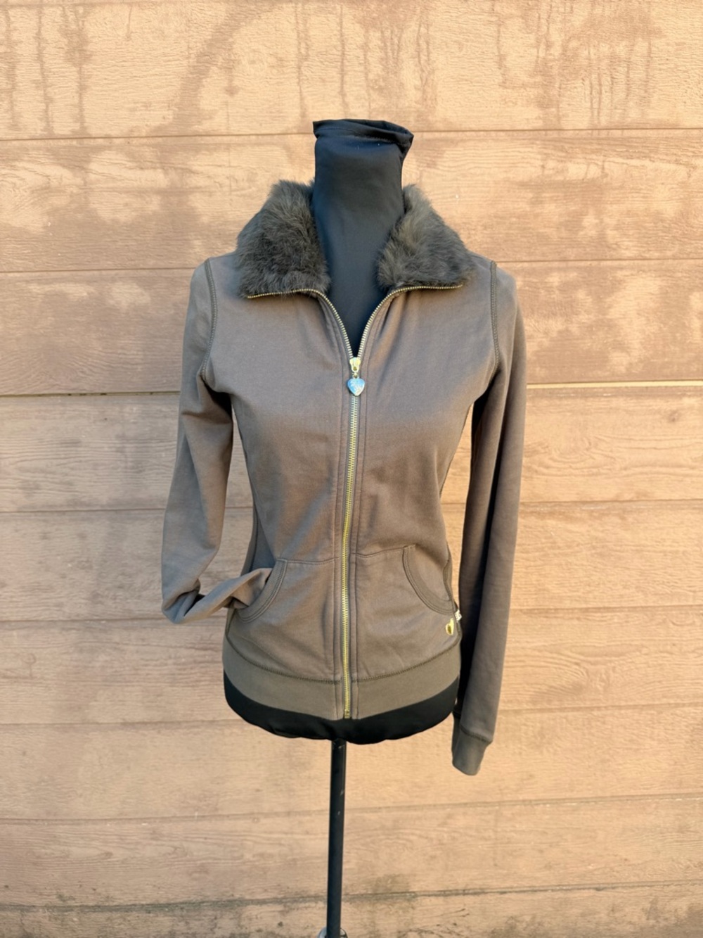 Vintage Heart Fur-Collar Zip up embellished Jacket olive green